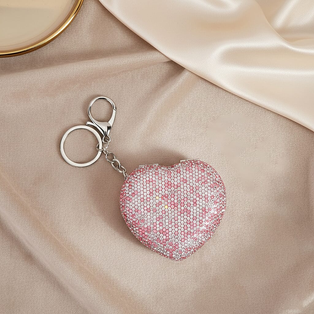 Heart Shape Elegant Sparkly Crystal Compact Mirror (7cm) - White &amp; Pink V32637302 2