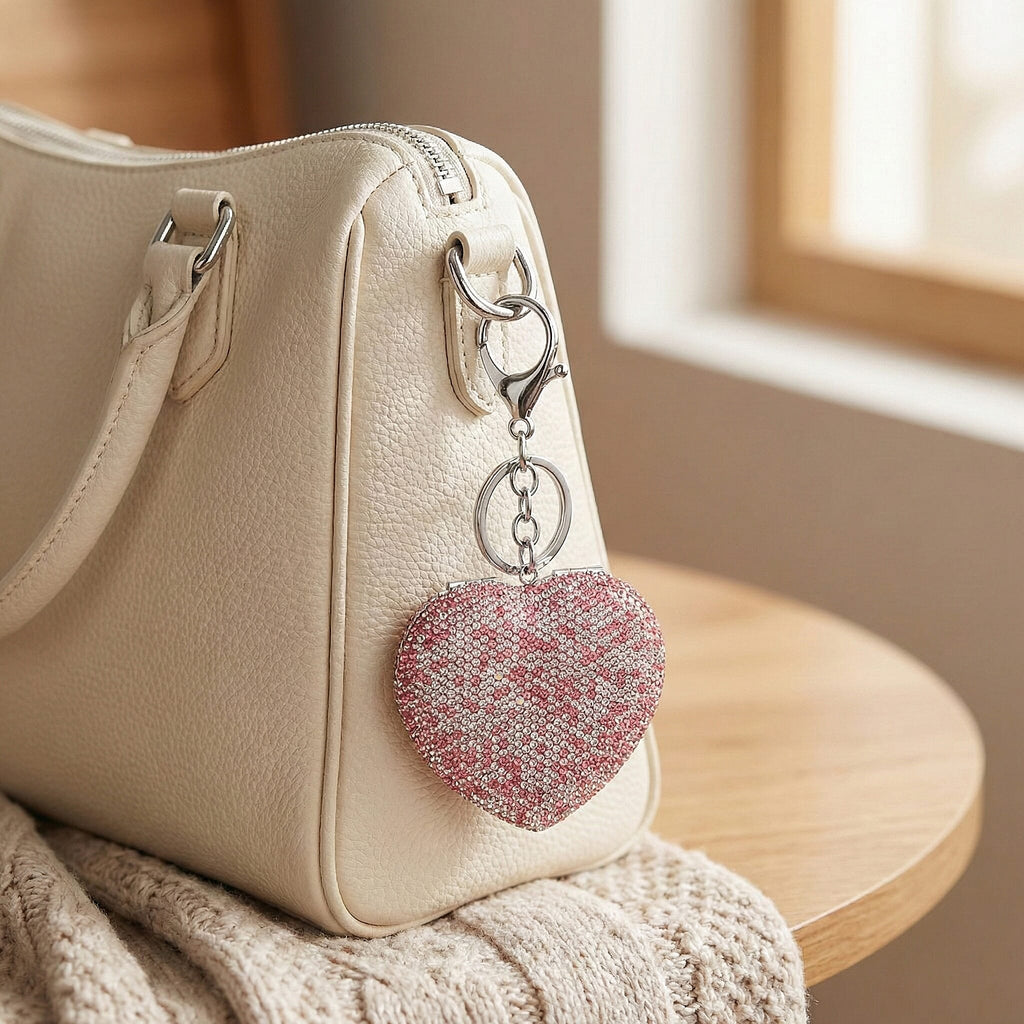 Heart Shape Elegant Sparkly Crystal Compact Mirror (7cm) - White & Pink