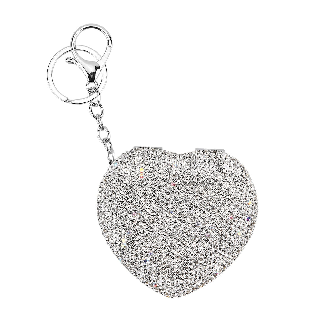 Heart Shape Elegant Sparkly Crystal Compact Mirror (7cm) - White