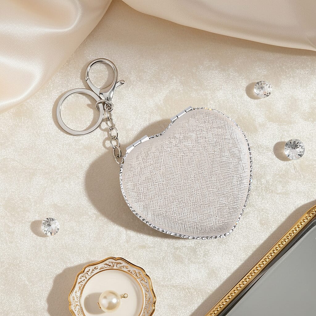 Heart Shape Elegant Sparkly Crystal Compact Mirror (7cm) - White