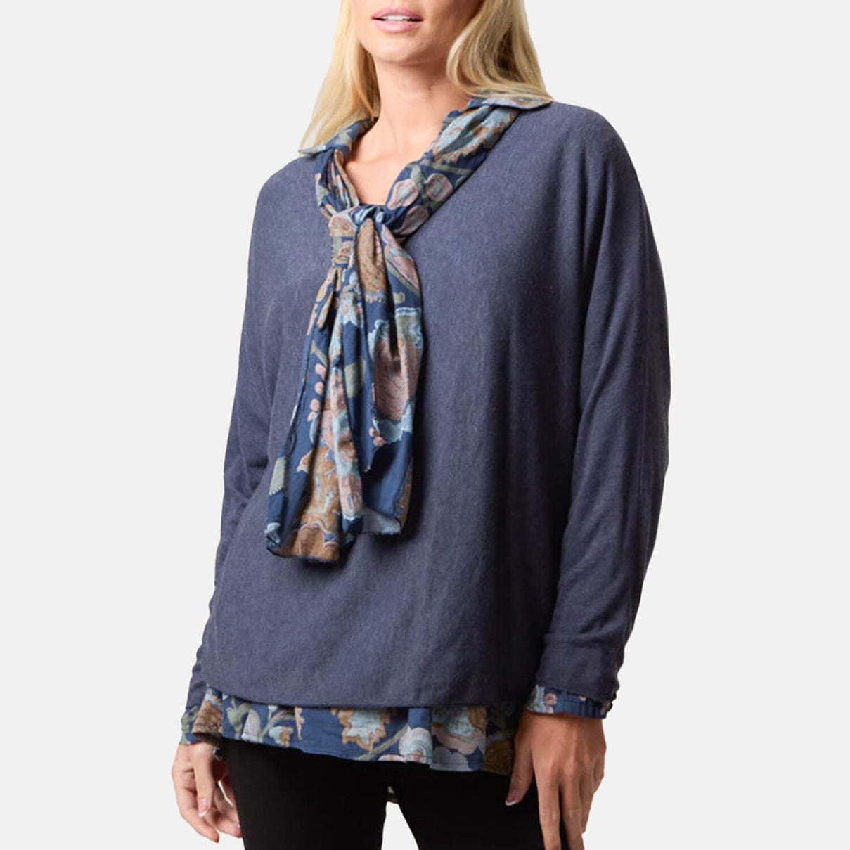 Misumi 100% Cotton Double Layer Blouse With Matching Scarf (One Size, Fit  8 To 16) - Navy 8502659 0