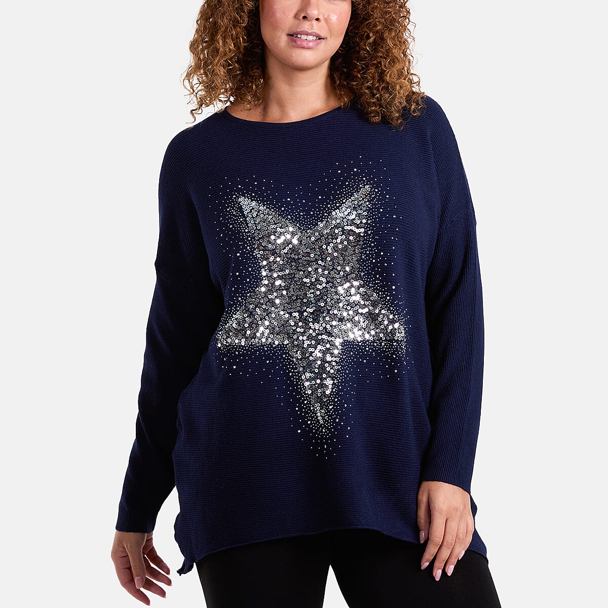 Misumi Sequin &amp; Diamante Star Ribbed Jumper (One Size 8-20) - Navy 7960333 0