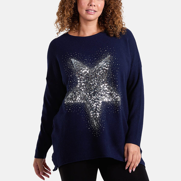 Misumi Sequin &amp; Diamante Star Ribbed Jumper (One Size 8-20) - Navy 7960333 1