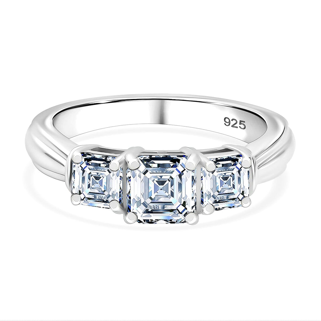 Moissanite Asscher Cut Trilogy Ring in Rhodium Overlay Sterling Silver 1.40 Ct.