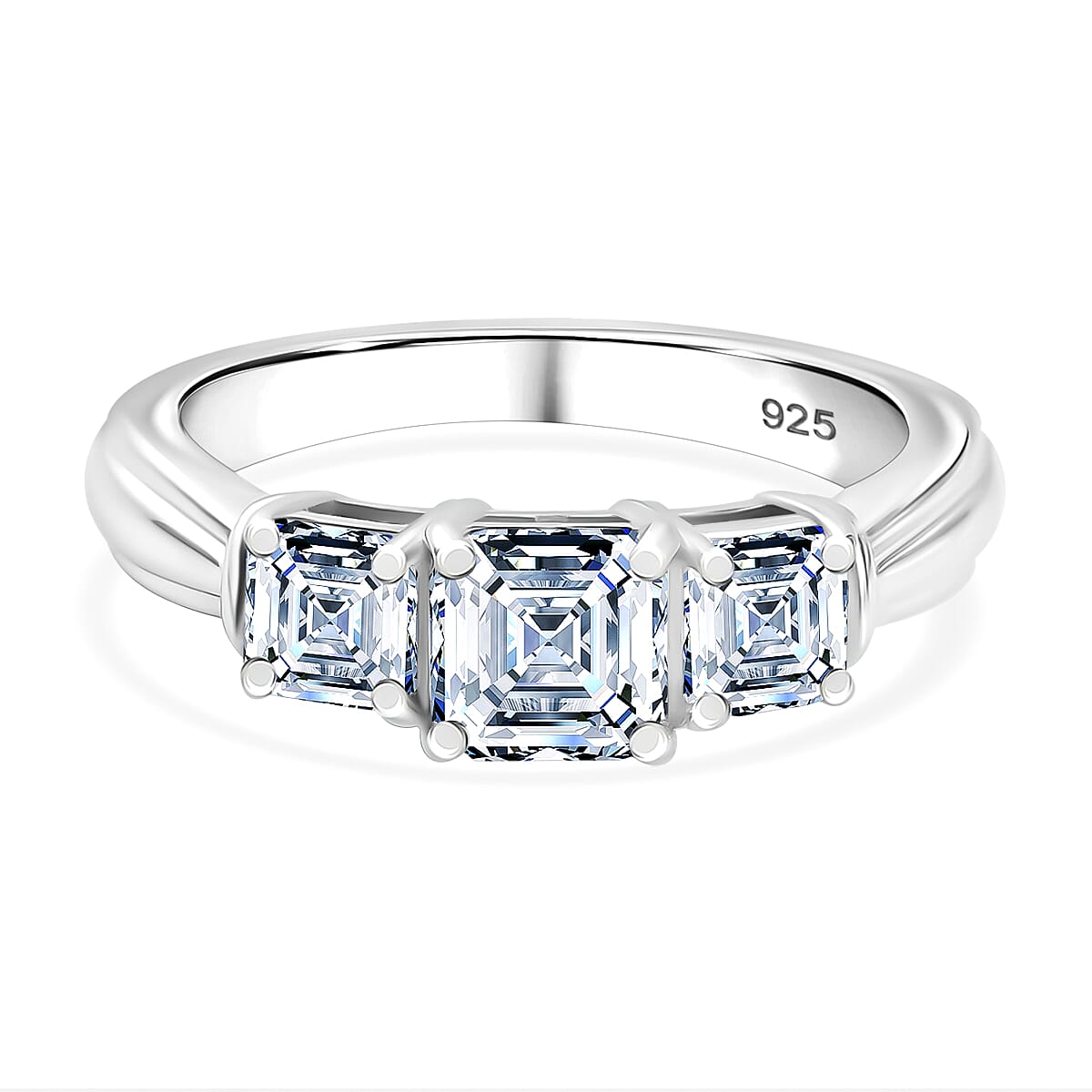 Moissanite Asscher Cut Trilogy Ring in Rhodium Overlay Sterling Silver 1.40 Ct. 8053992 0