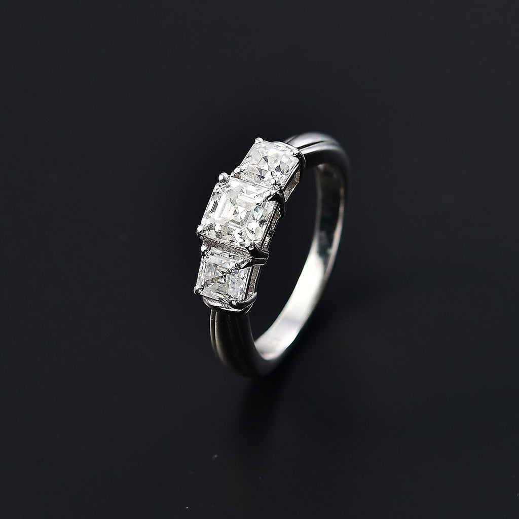 Moissanite Asscher Cut Trilogy Ring in Rhodium Overlay Sterling Silver 1.40 Ct.