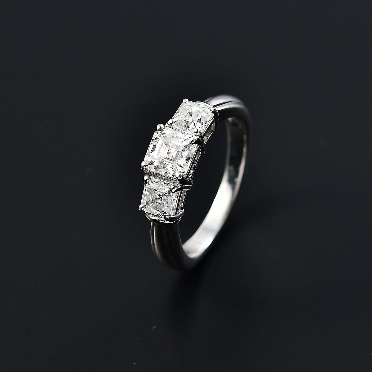 Moissanite Asscher Cut Trilogy Ring in Rhodium Overlay Sterling Silver 1.40 Ct. 8053992 1