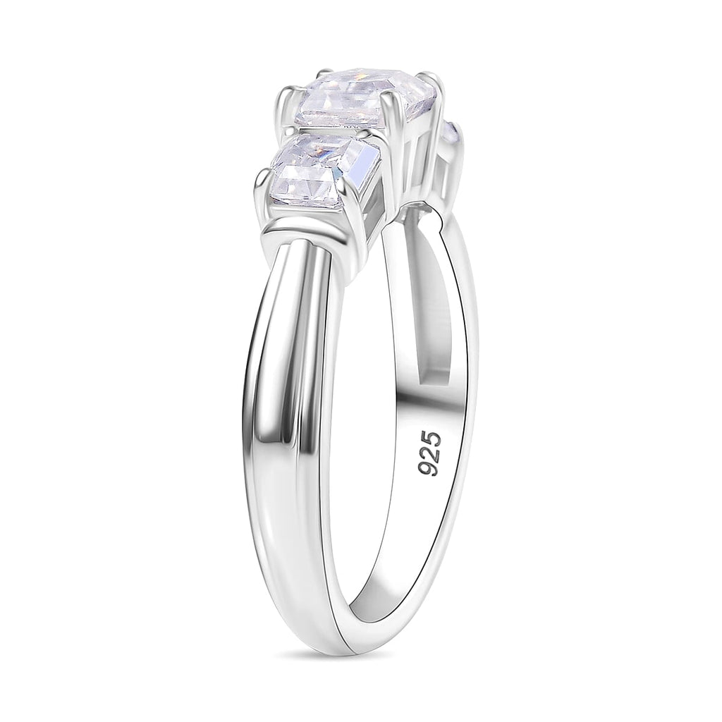 Moissanite Asscher Cut Trilogy Ring in Rhodium Overlay Sterling Silver 1.40 Ct.