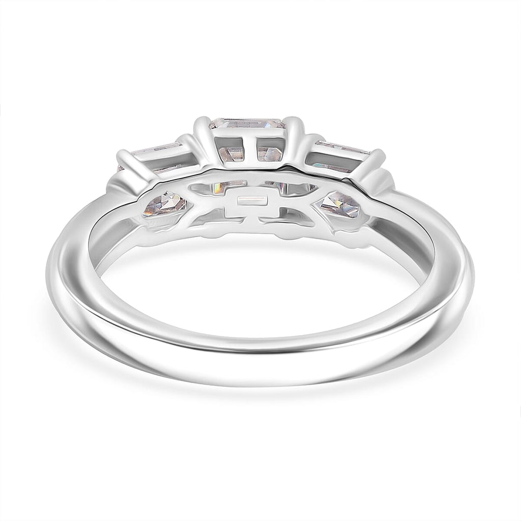 Moissanite Asscher Cut Trilogy Ring in Rhodium Overlay Sterling Silver 1.40 Ct.