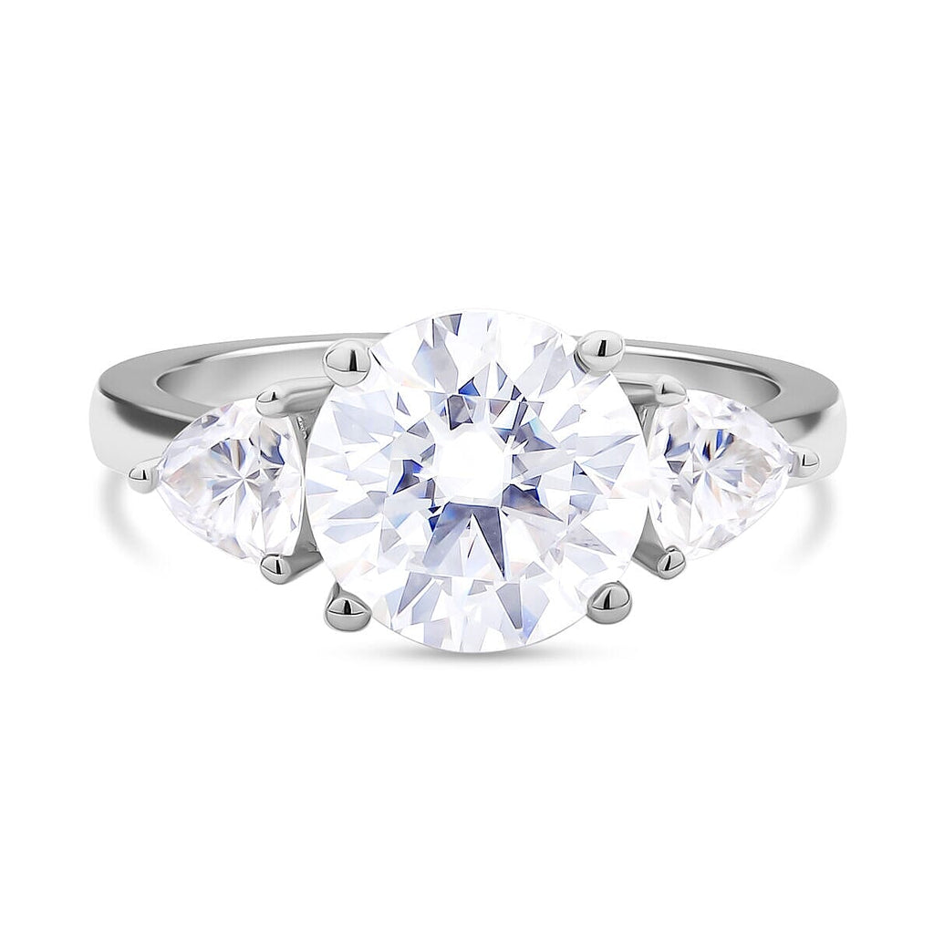 Moissanite 3 Stone Ring in Rhodium Overlay Sterling Silver 4.40 Ct