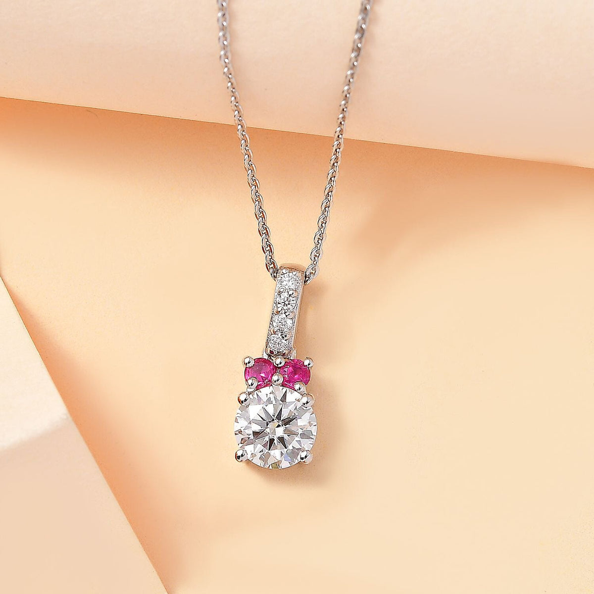 Moissanite, African Ruby Drop Pendant with Chain (Size 20) in Rhodium Overlay Sterling Silver 4285969 2
