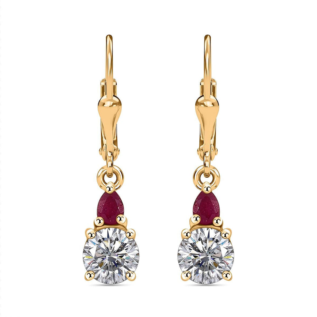 Moissanite & African Ruby Solitaire Lever Back Earring in 18K Vermeil Yellow Gold Plated Sterling Silver 1.94 Ct.