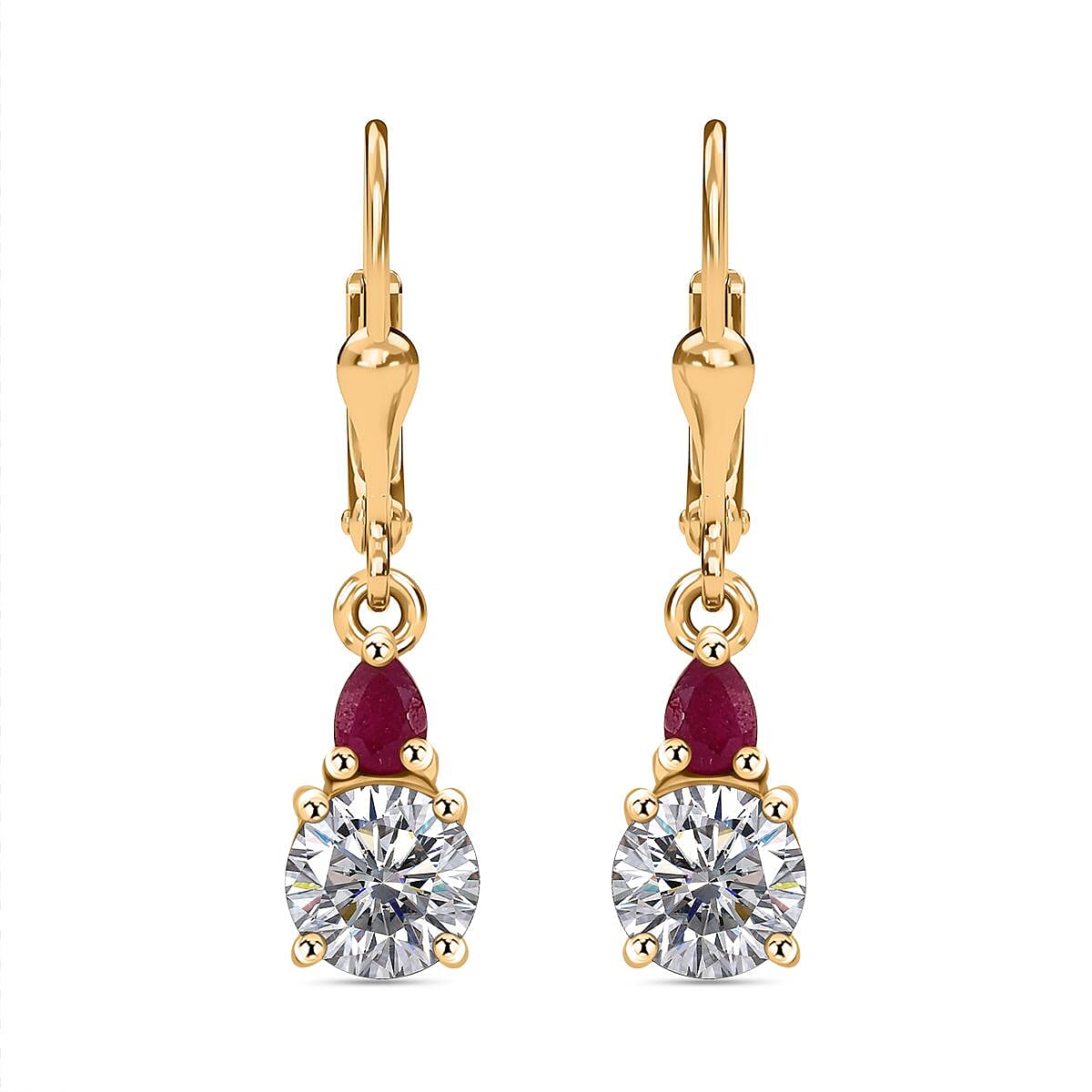 Moissanite &amp; African Ruby Solitaire Lever Back Earring in 18K Vermeil Yellow Gold Plated Sterling Silver 1.94 Ct. 8030963 0