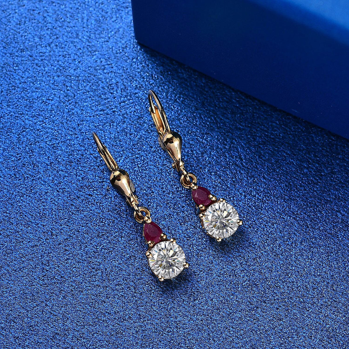Moissanite &amp; African Ruby Solitaire Lever Back Earring in 18K Vermeil Yellow Gold Plated Sterling Silver 1.94 Ct. 8030963 2