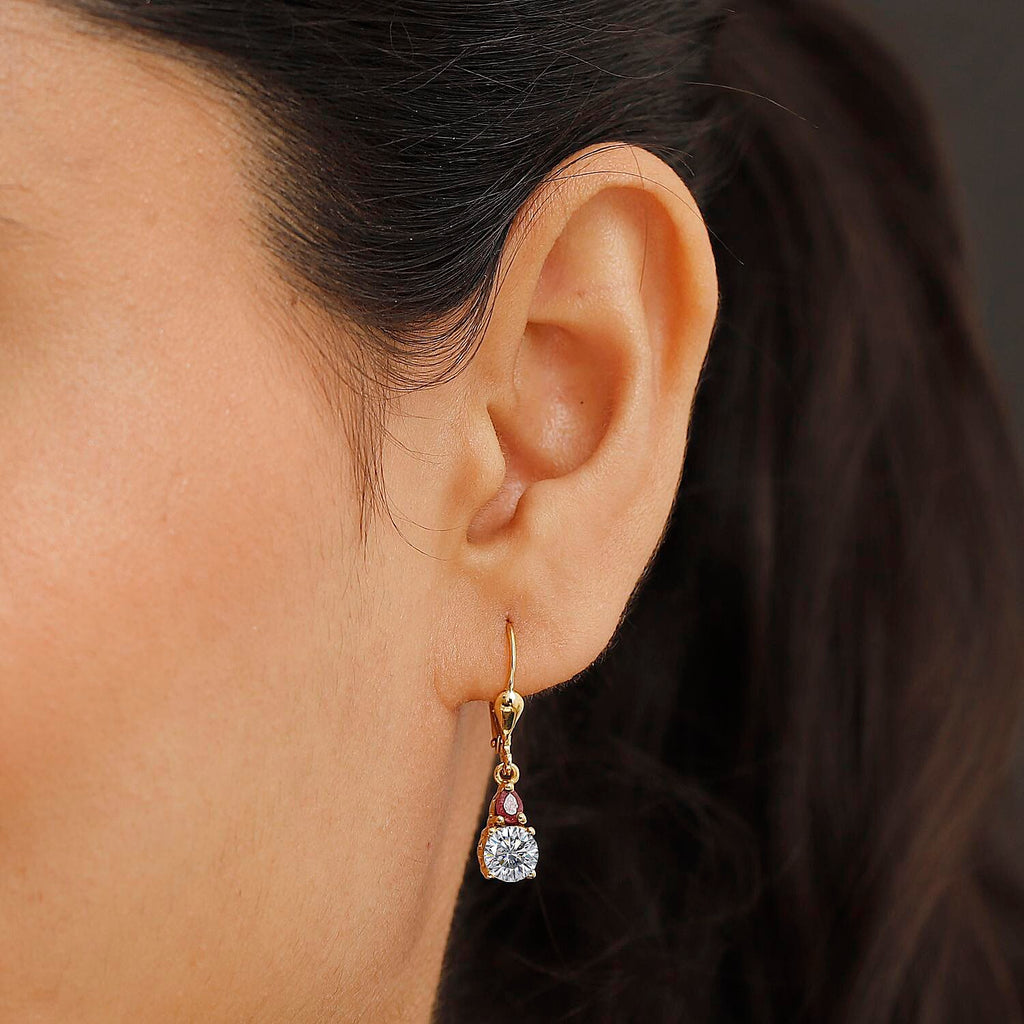 Moissanite & African Ruby Solitaire Lever Back Earring in 18K Vermeil Yellow Gold Plated Sterling Silver 1.94 Ct.