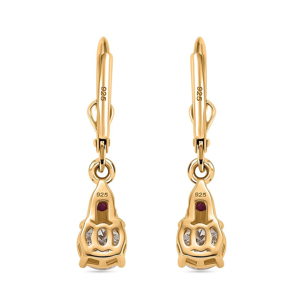 Moissanite & African Ruby Solitaire Lever Back Earring in 18K Vermeil Yellow Gold Plated Sterling Silver 1.94 Ct.