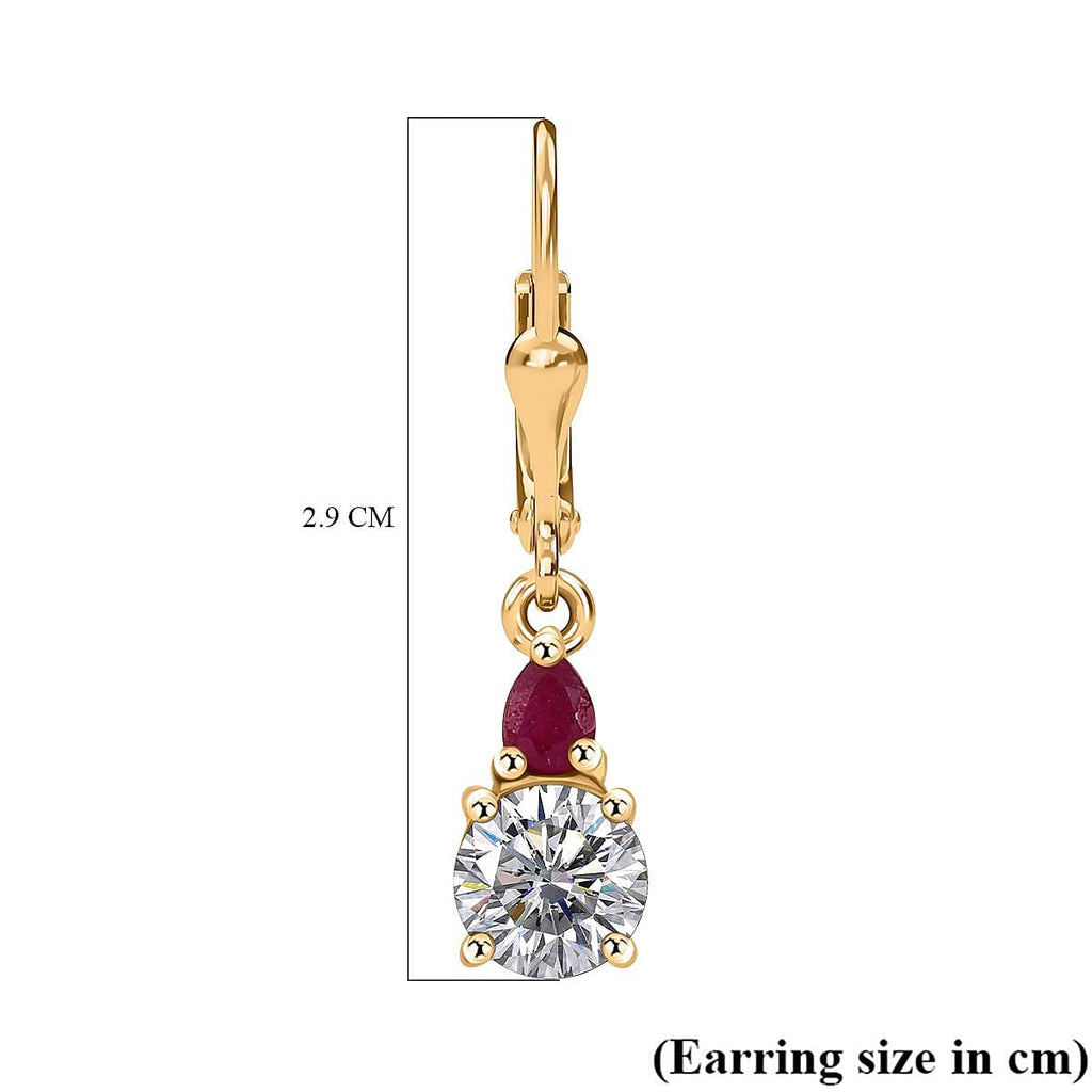 Moissanite & African Ruby Solitaire Lever Back Earring in 18K Vermeil Yellow Gold Plated Sterling Silver 1.94 Ct.
