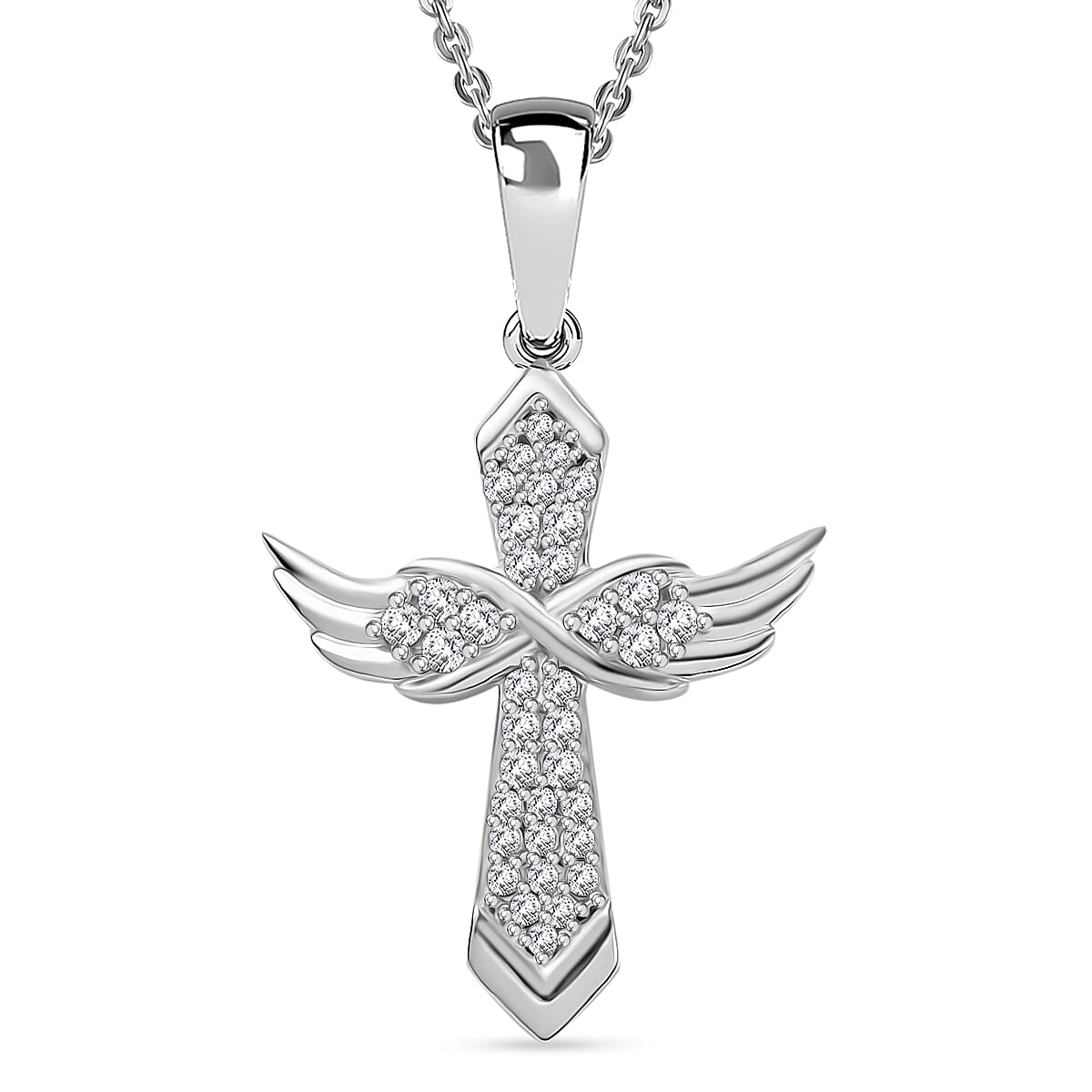 Moissanite Angel Wings Pendant with Chain (Size 20) in Platinum Overlay Sterling Silver 4314788 0