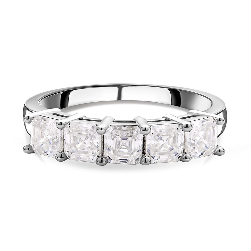 Moissanite (Asscher Cut) 5 Stone Ring in Rhodium Overlay Sterling Silver 1.70 Ct