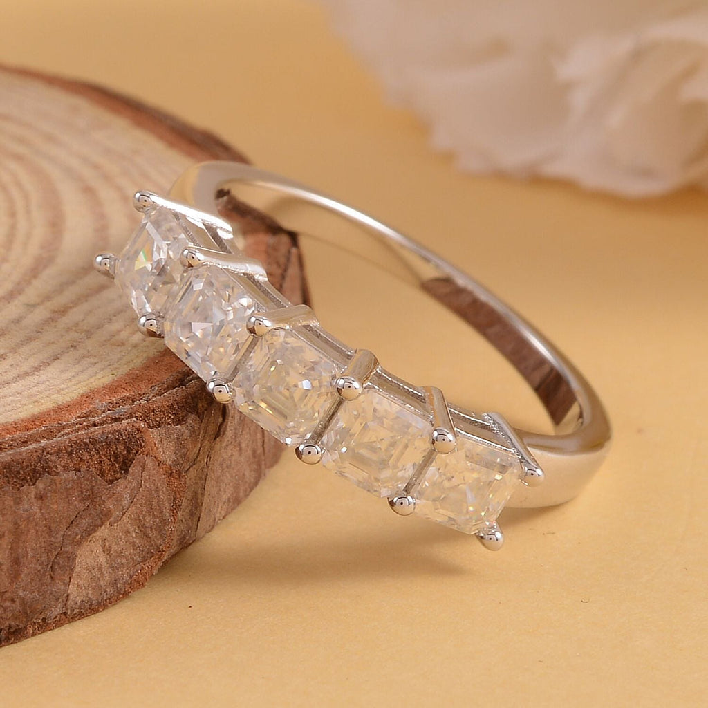Moissanite (Asscher Cut) 5 Stone Ring in Rhodium Overlay Sterling Silver 1.70 Ct