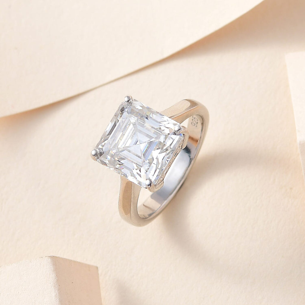 Moissanite (Asscher Cut) Solitaire Ring in Platinum Overlay Sterling Silver 5.40 Ct.