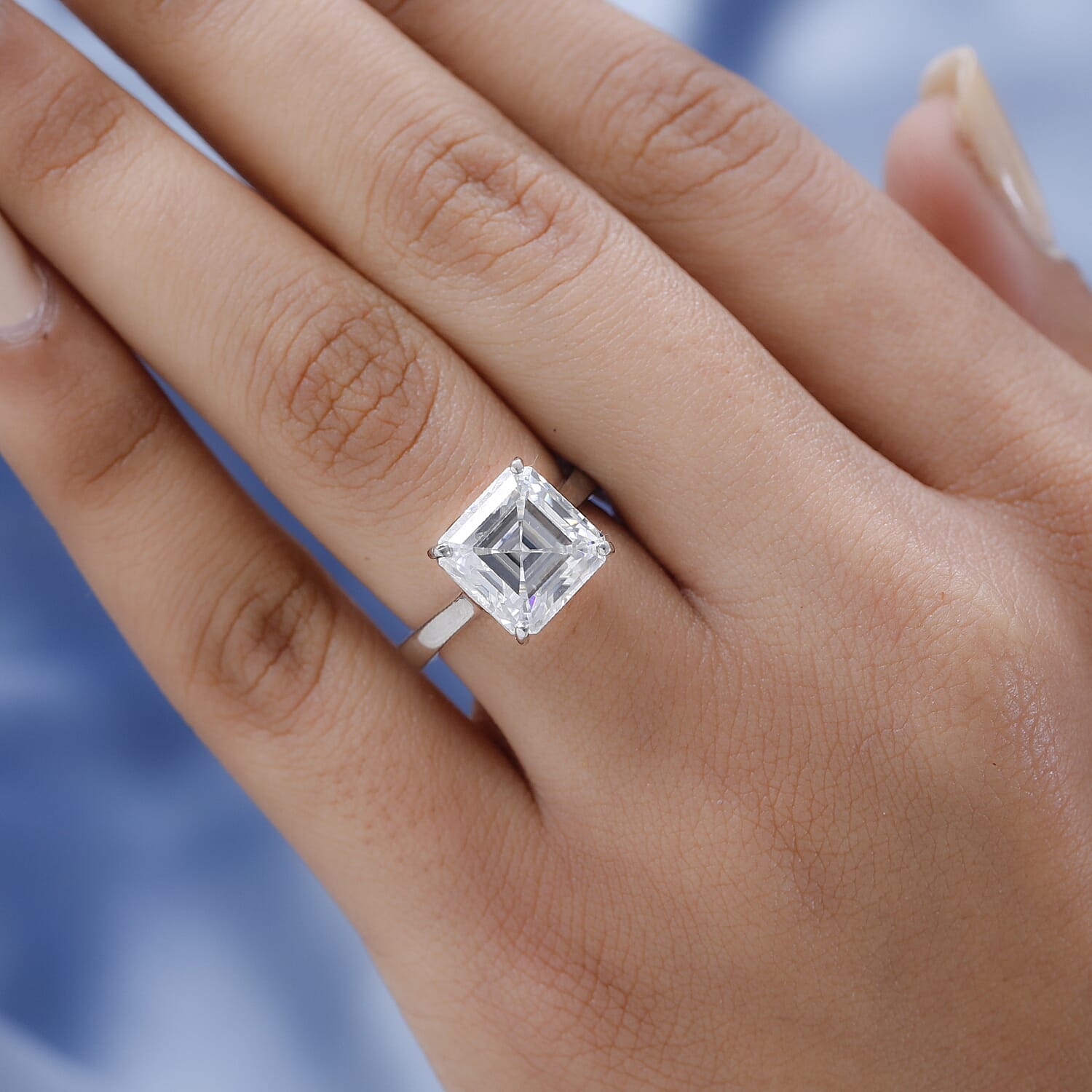 Moissanite (Asscher Cut) Solitaire Ring in Platinum Overlay Sterling Silver 5.40 Ct. 7326970 5