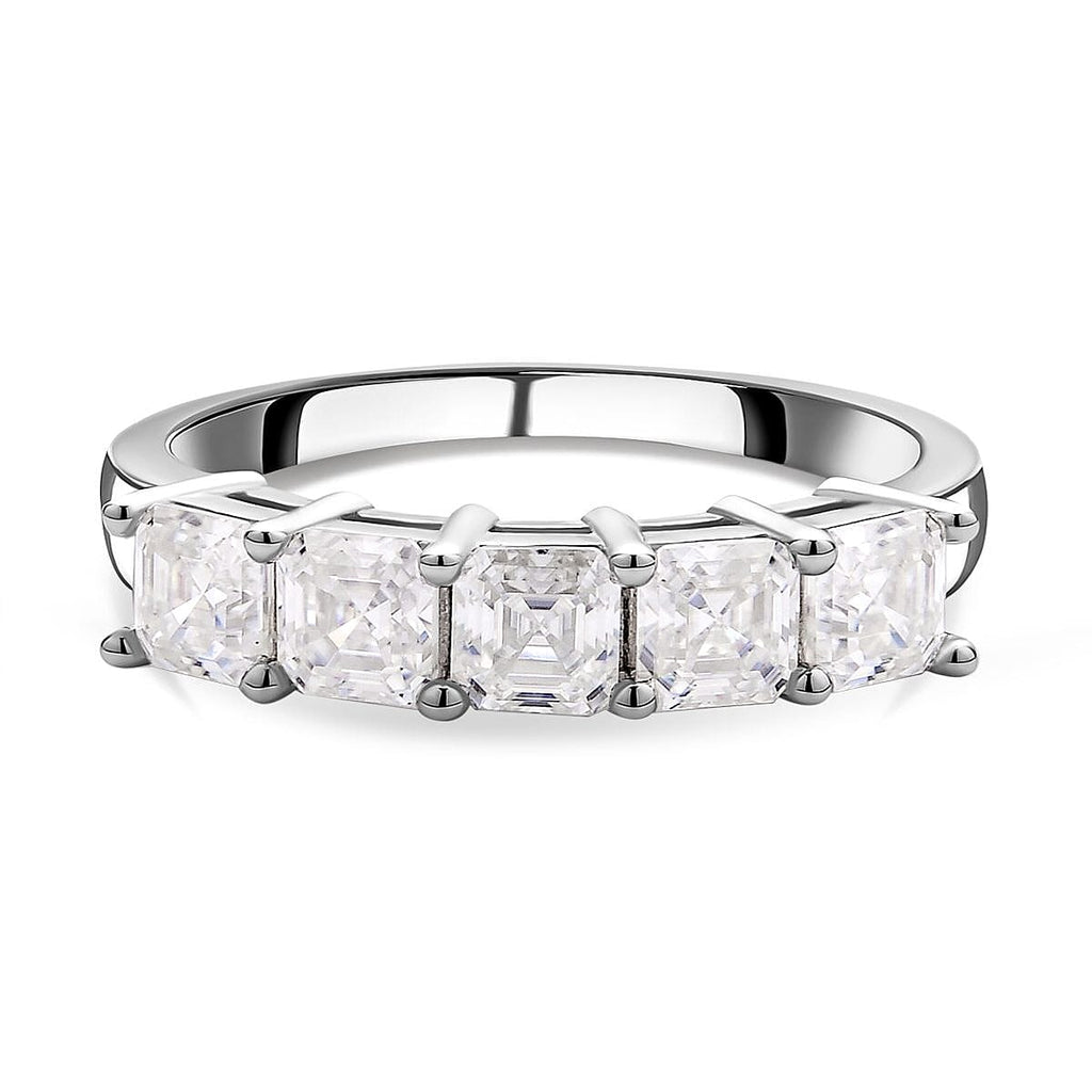 Moissanite (Asscher Cut) 5 Stone Ring in Rhodium Overlay Sterling Silver 1.70 Ct