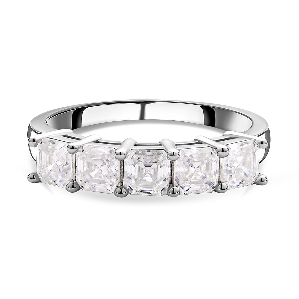 Moissanite Asscher Cut 5 Stone Ring in Rhodium Overlay Sterling Silver 1.70 Ct. 7266314 1