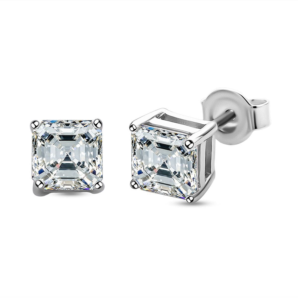 Moissanite Asscher Cut Stud Earrings (With Push Back) in Rhodium Overlay Sterling Silver 7266308 0
