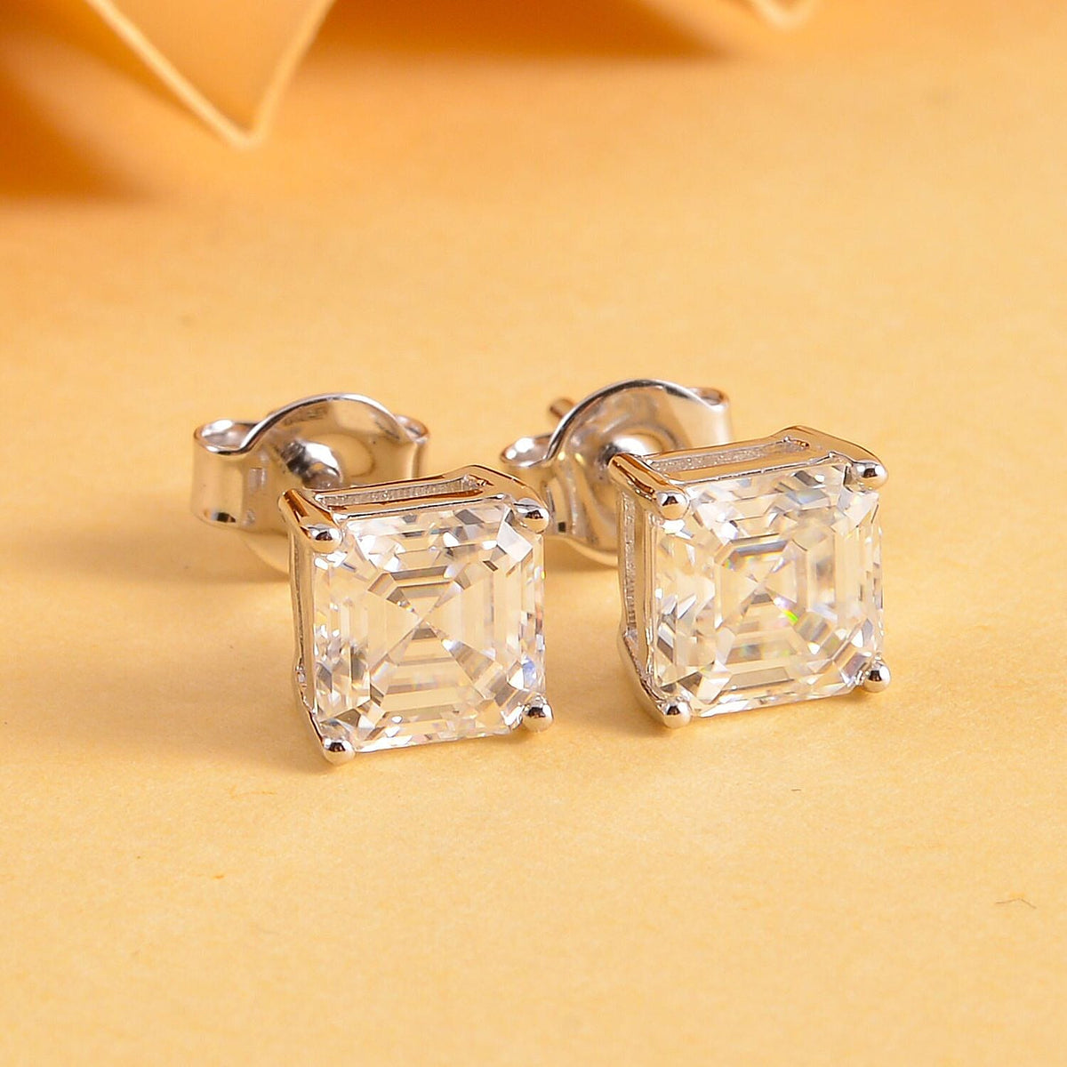 Moissanite Asscher Cut Stud Earrings (With Push Back) in Rhodium Overlay Sterling Silver 7266308 1