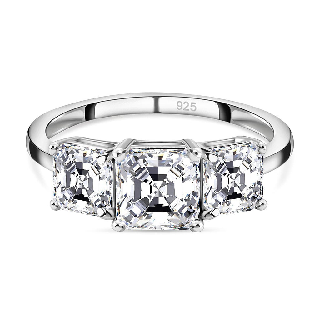 Moissanite (Asscher Cut) Trilogy Ring in Platinum Overlay Sterling Silver 2.482 Ct.