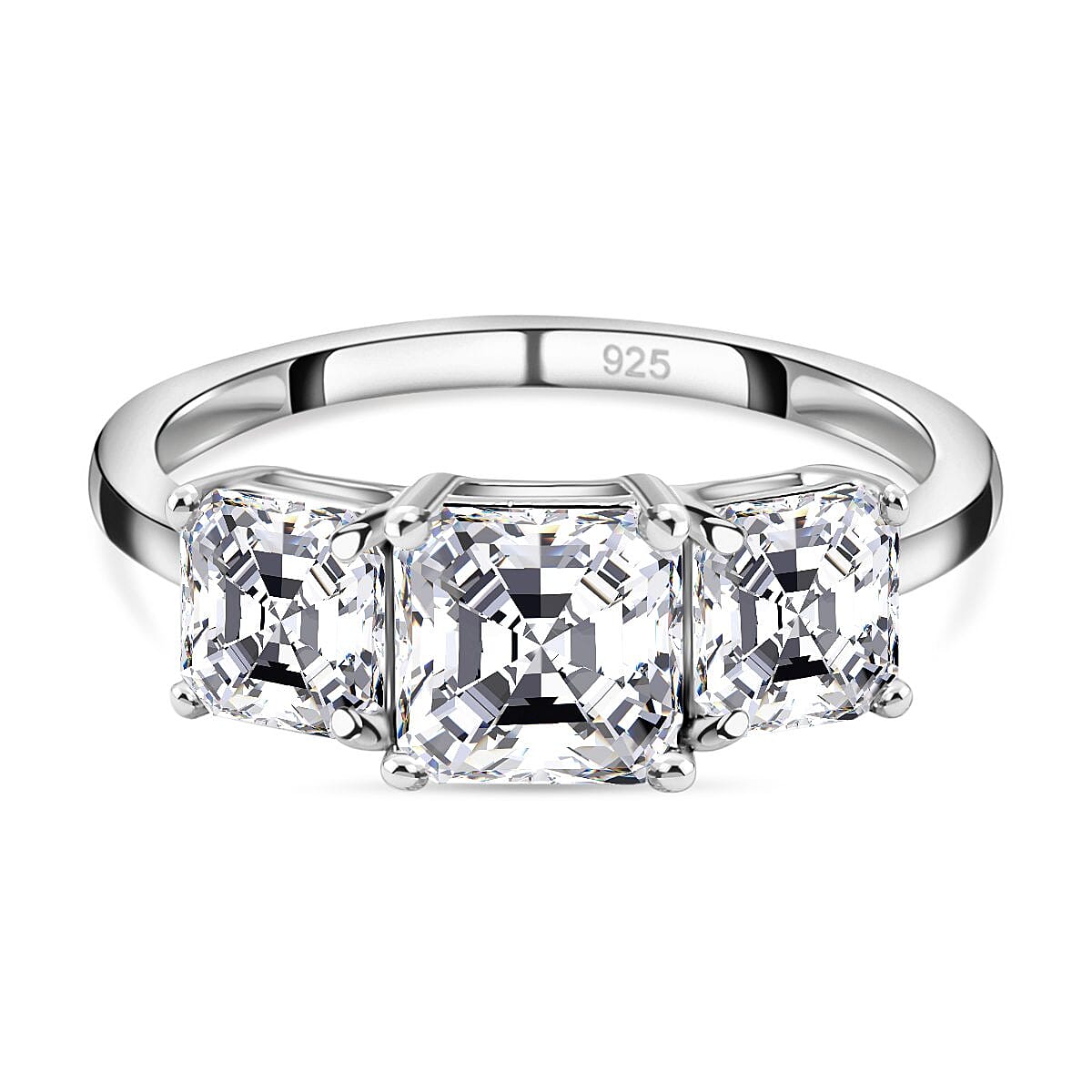 Moissanite (Asscher Cut) Trilogy Ring in Platinum Overlay Sterling Silver 2.482 Ct. 7173159 2