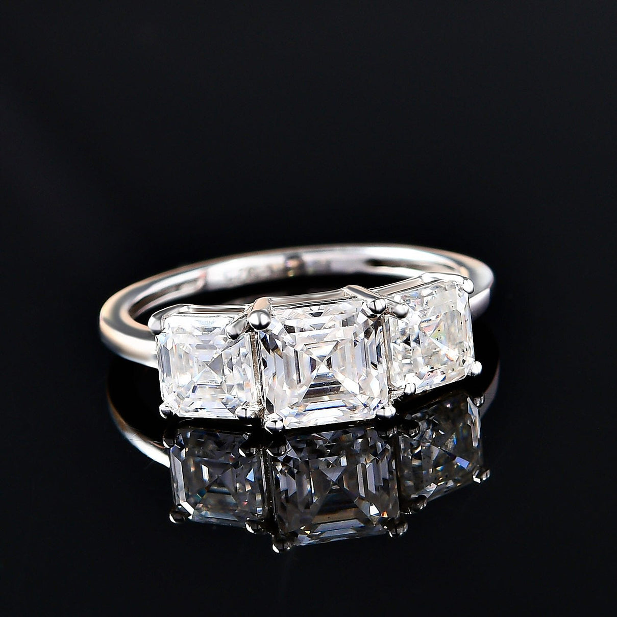 Moissanite (Asscher Cut) Trilogy Ring in Platinum Overlay Sterling Silver 2.482 Ct. 7173159 4