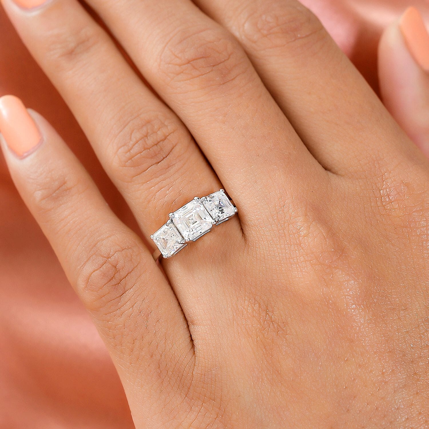 Moissanite (Asscher Cut) Trilogy Ring in Platinum Overlay Sterling Silver 2.482 Ct. 7173159 6