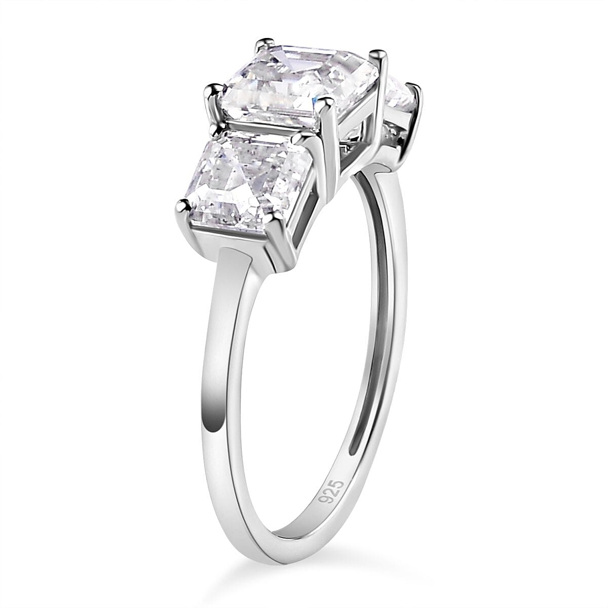 Moissanite (Asscher Cut) Trilogy Ring in Platinum Overlay Sterling Silver 2.482 Ct. 7173159 8