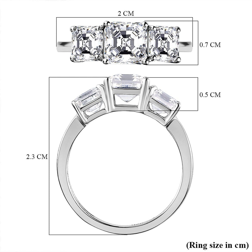 Moissanite (Asscher Cut) Trilogy Ring in Platinum Overlay Sterling Silver 2.482 Ct.