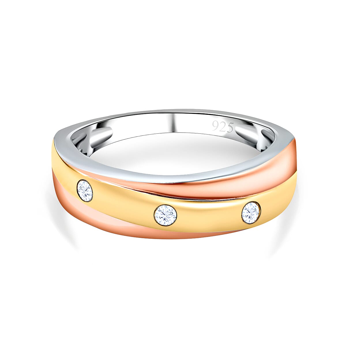 Moissanite 3 Stone Wedding Band Ring in Three Tone Plated Sterling Silver 7618120 0