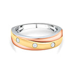 Moissanite 3 Stone Band Ring in Three Tone Plated Sterling Silver