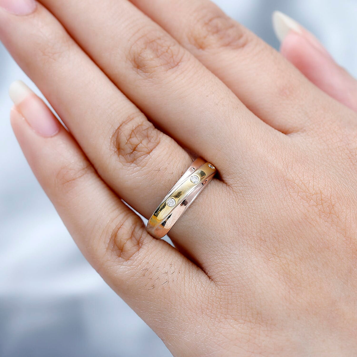 Moissanite 3 Stone Wedding Band Ring in Three Tone Plated Sterling Silver 7618120 2