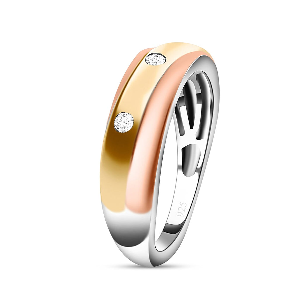 Moissanite 3 Stone Band Ring in Three Tone Plated Sterling Silver