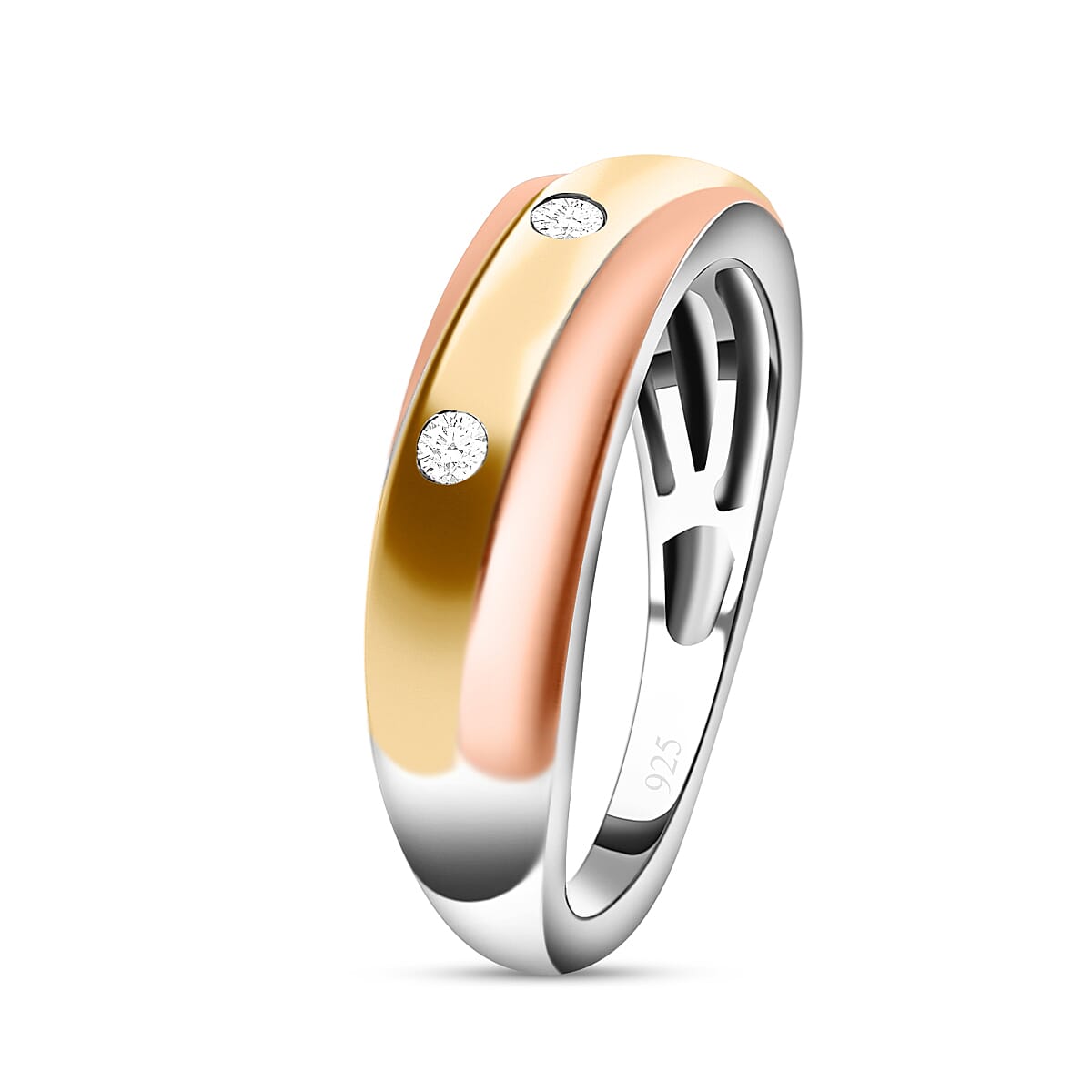 Moissanite 3 Stone Wedding Band Ring in Three Tone Plated Sterling Silver 7618120 3