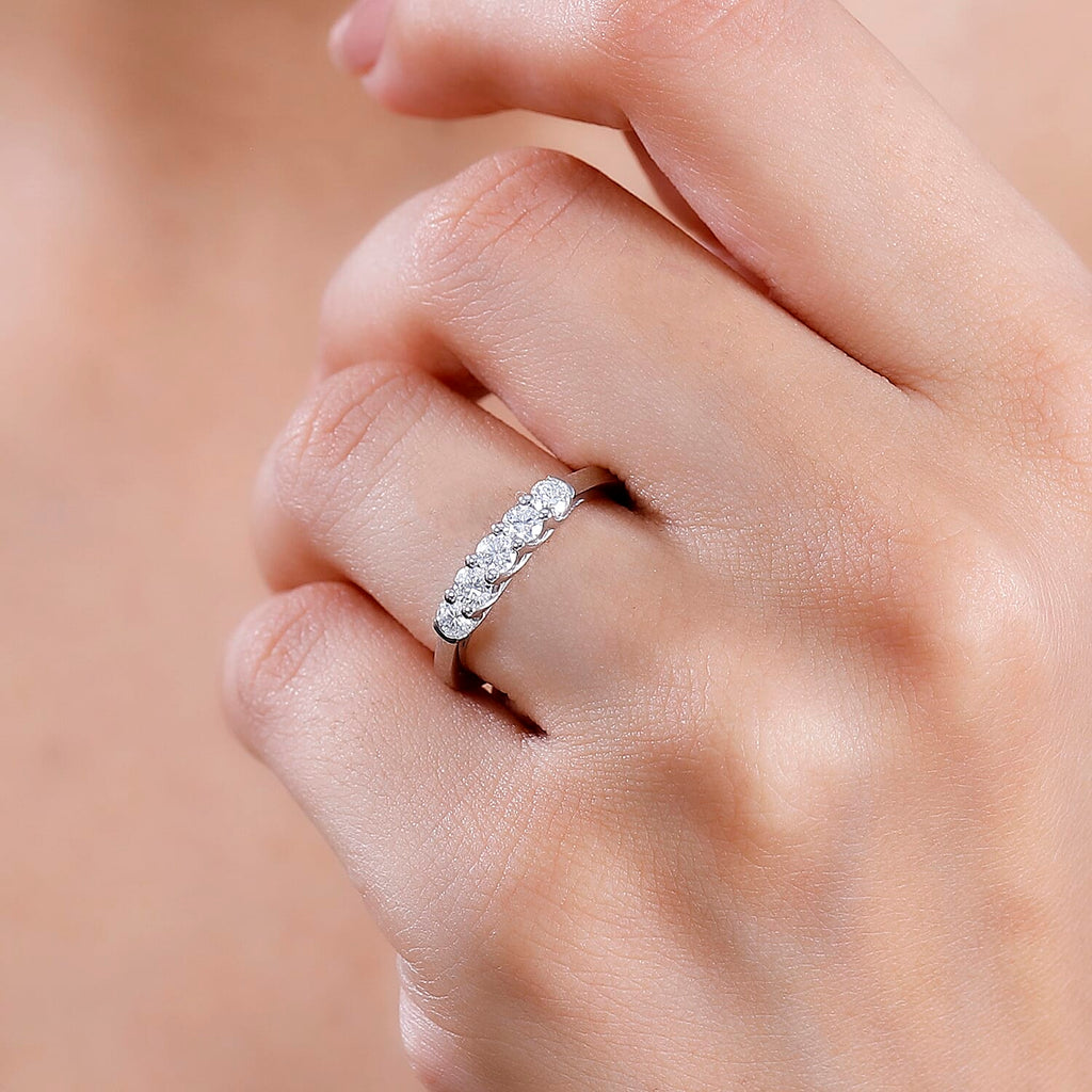 Moissanite 5 Stone Band Ring in Platinum Overlay Sterling Silver