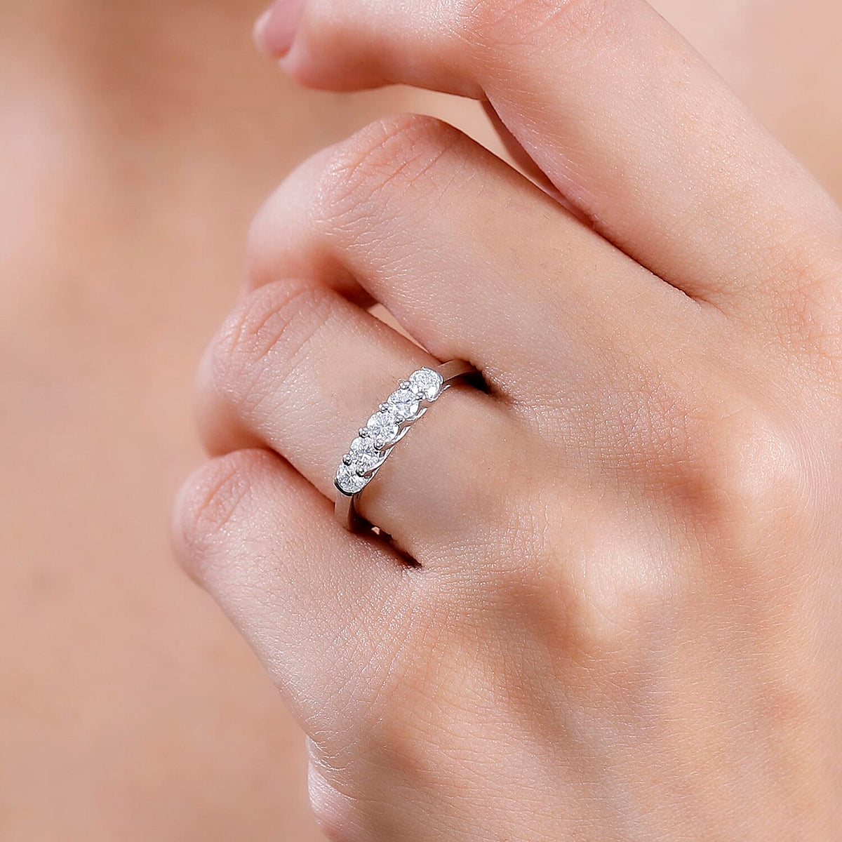 Moissanite 5 Stone Band Ring in Platinum Overlay Sterling Silver 7860998 3