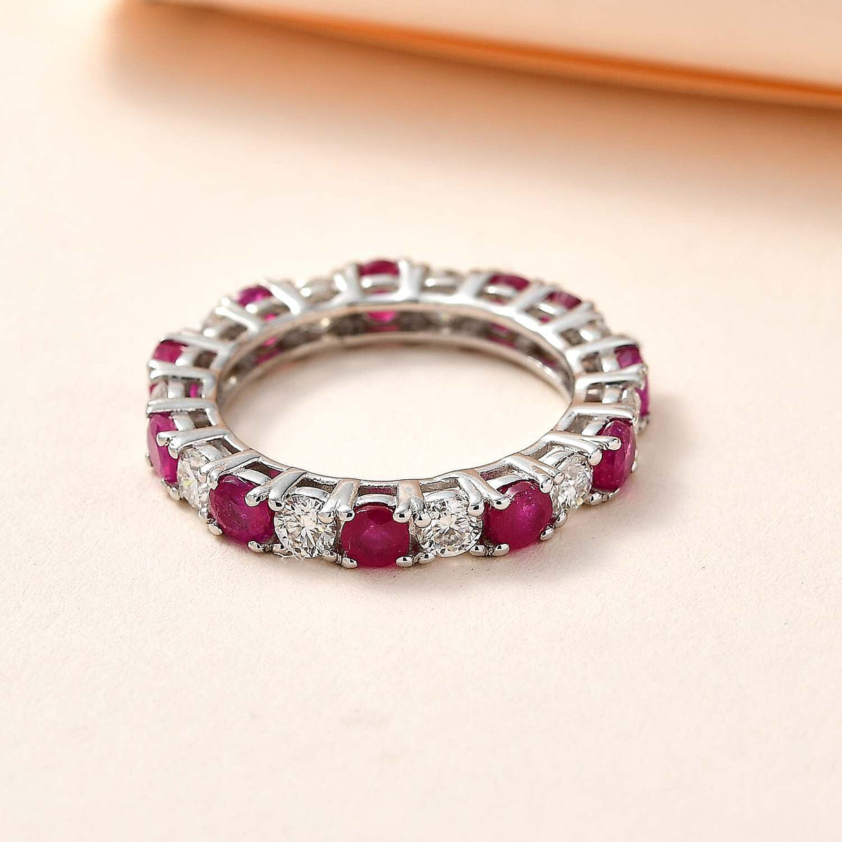 African Ruby &amp; Moissanite Band Ring in Platinum Overlay Sterling Silver 3.50 Ct. 7705803 1