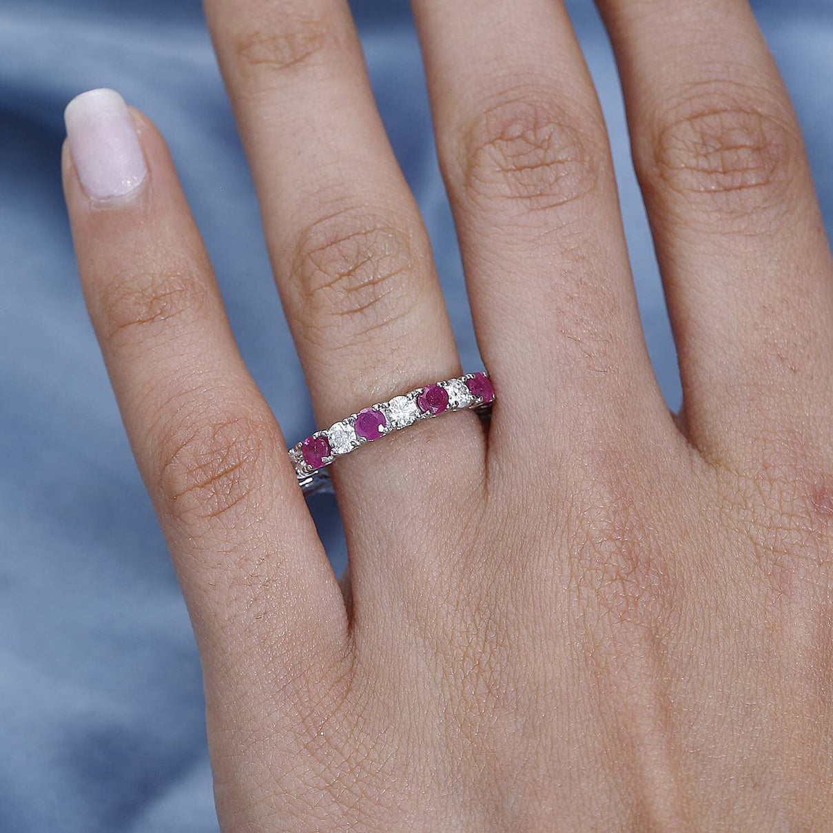African Ruby &amp; Moissanite Band Ring in Platinum Overlay Sterling Silver 3.50 Ct. 7705803 2