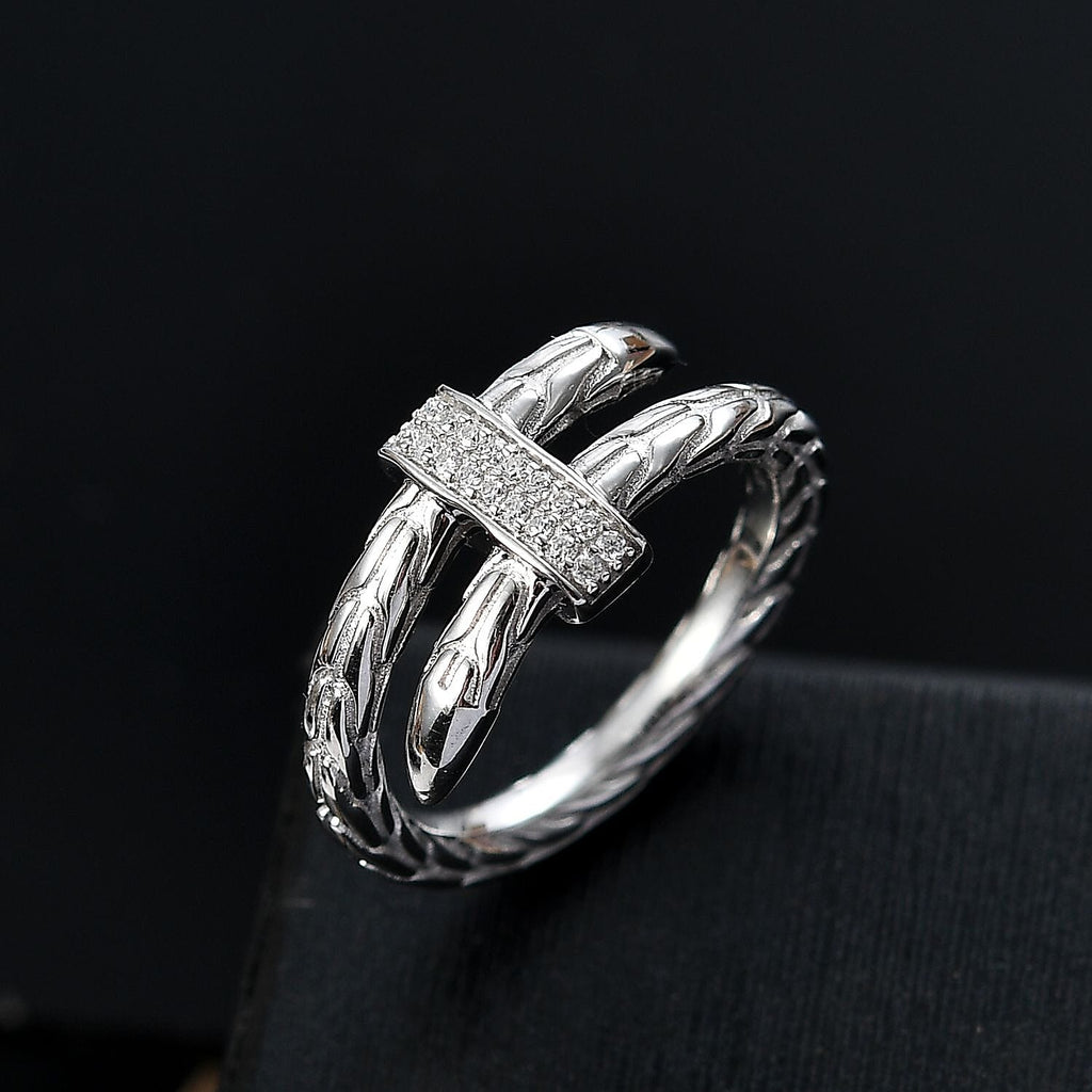 Designer Inspired - Moissanite Serpent Ring in Rhodium Overlay Sterling Silver