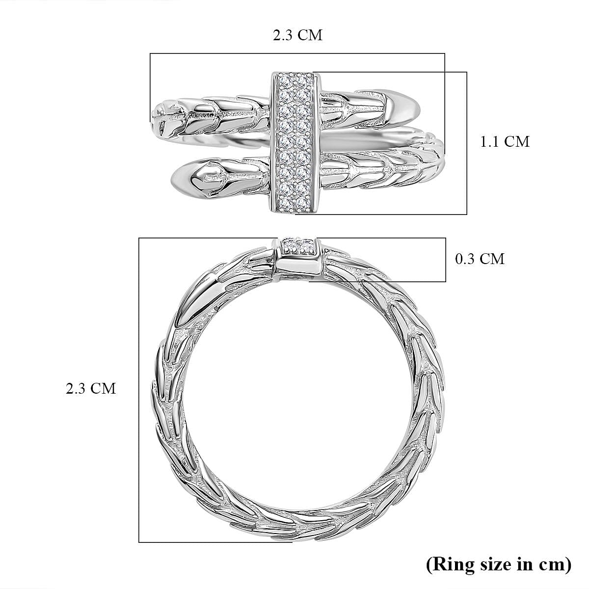 Designer Inspired - Moissanite Serpent Ring in Rhodium Overlay Sterling Silver 8061986 6