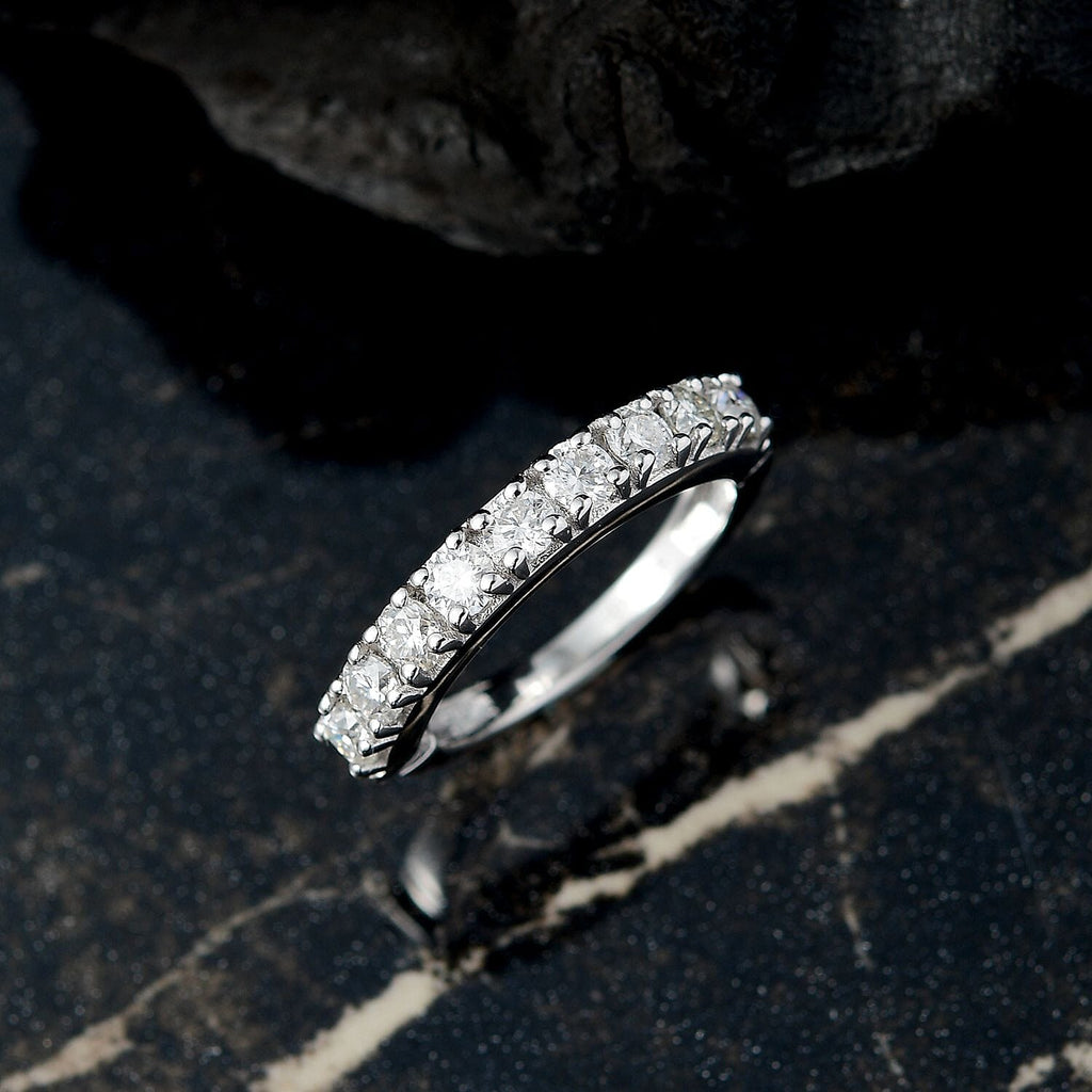 Moissanite Band Ring in Rhodium Overlay Sterling Silver 0.96 Ct.