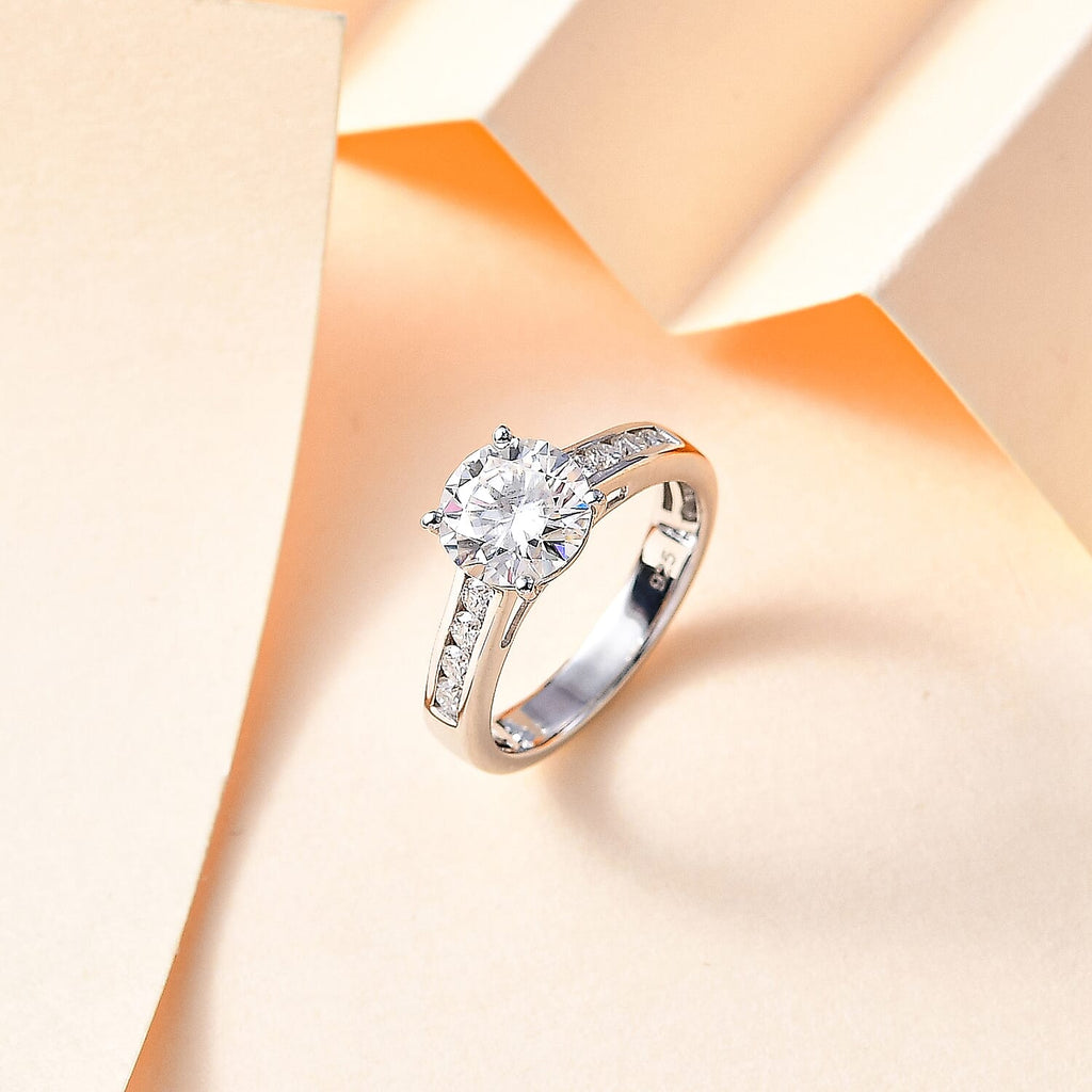 Designer Inspired - Moissanite Solitaire Shoulder Set Ring in Rhodium Overlay Sterling Silver 2.15 Ct
