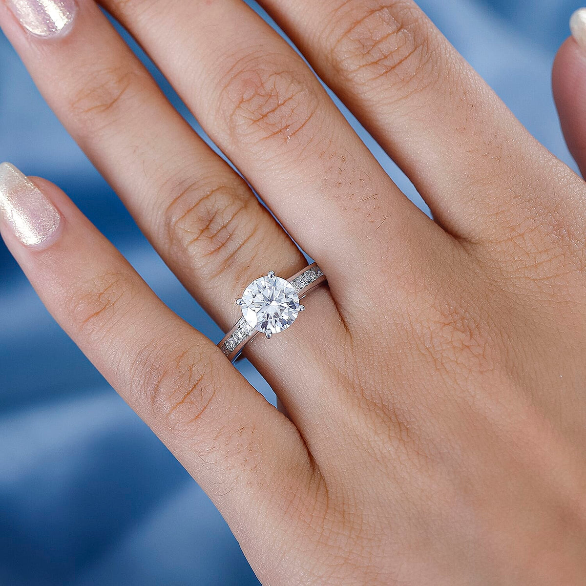 Designer Inspired - Moissanite Solitaire Shoulder Set Ring in Rhodium Overlay Sterling Silver 2.15 Ct 7783754 2